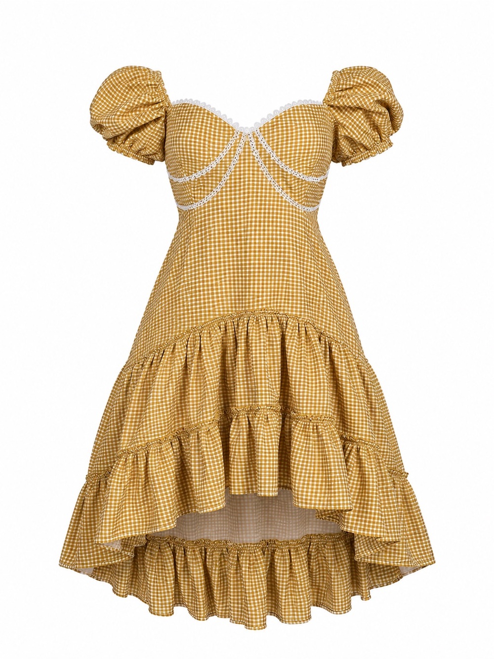 Mia Joy girls Yellow Gingham Puff-Sleeve High-Low Dress
